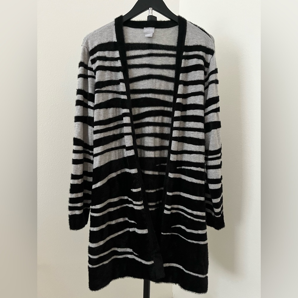 🦓 Chico’s Zebra Stripe Long Cardigan | XL | Black Gray Cozy Open Front